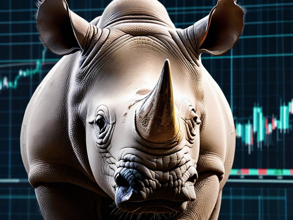 A forex trading system's rhino looking at the camera with a determined expression, and a forex trading chart in the background
