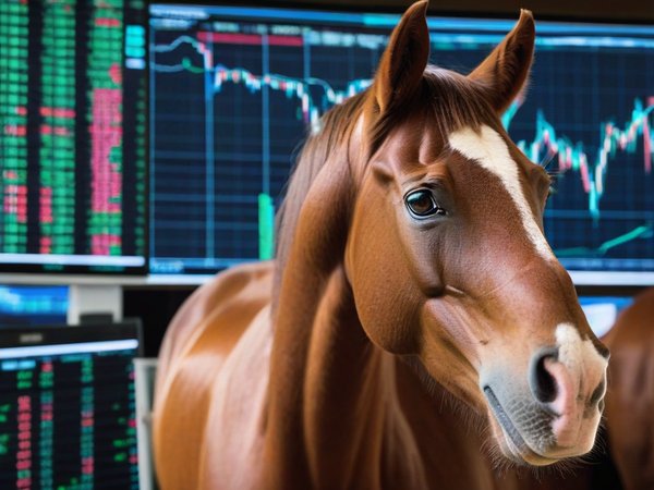 A forex trading system's horse looking at the camera with a smug expression, and a forex trading chart in the background