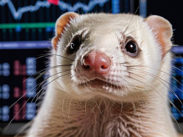 A forex trading system's ferret looking at the camera with a determined expression, and a forex trading chart in the background