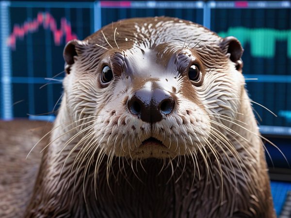 A forex trading system's otter looking at the camera with a grumpy expression, and a forex trading chart in the background