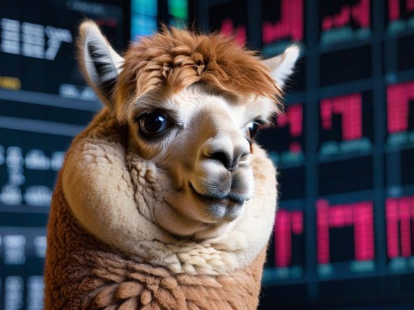 A forex trading system's alpaca looking at the camera with a worried expression, and a forex trading chart in the background