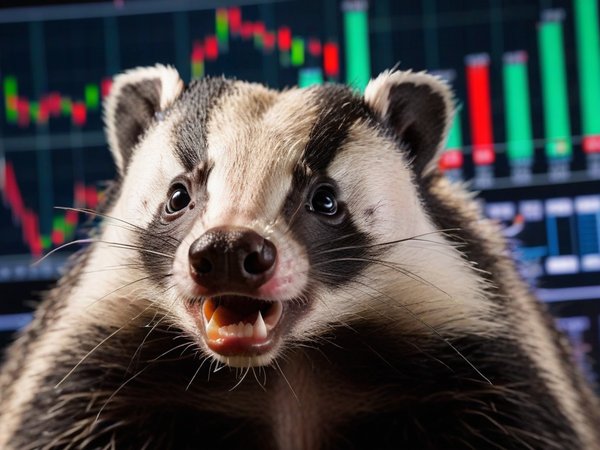 A forex trading system's badger looking at the camera with a shocked expression, and a forex trading chart in the background