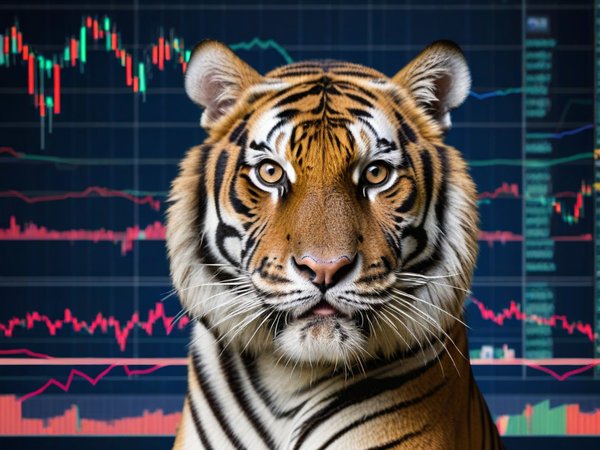 A forex trading system's tiger looking at the camera with a worried expression, and a forex trading chart in the background