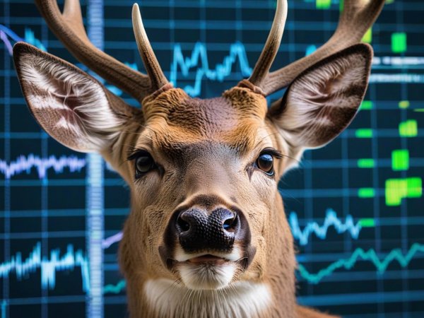 A forex trading system's deer looking at the camera with a silly expression, and a forex trading chart in the background