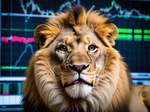 A forex trading system's lion looking at the camera with a silly expression, and a forex trading chart in the background