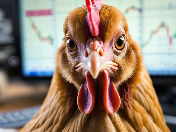 A forex trading system's chicken looking at the camera with a smug expression, and a forex trading chart in the background