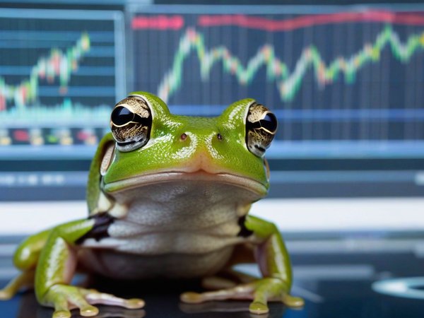 A forex trading system's frog looking at the camera with a skeptical expression, and a forex trading chart in the background