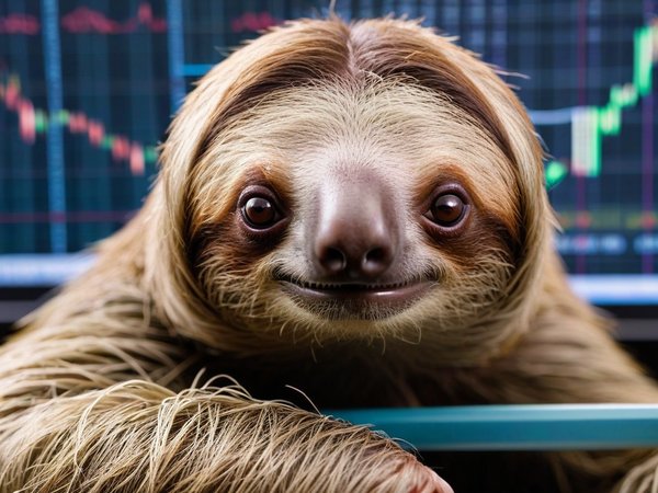 A forex trading system's sloth looking at the camera with a shy expression, and a forex trading chart in the background