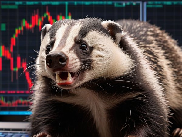 A forex trading system's badger looking at the camera with a scared expression, and a forex trading chart in the background