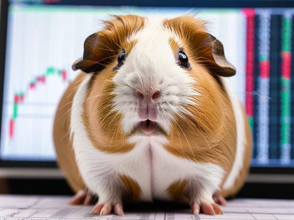 A forex trading system's guinea pig looking at the camera with a shocked expression, and a forex trading chart in the background