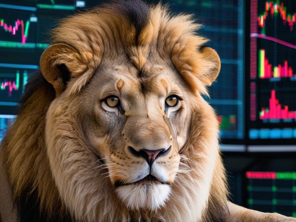 A forex trading system's lion looking at the camera with a suspicious expression, and a forex trading chart in the background
