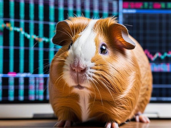 A forex trading system's guinea pig looking at the camera with a curious expression, and a forex trading chart in the background