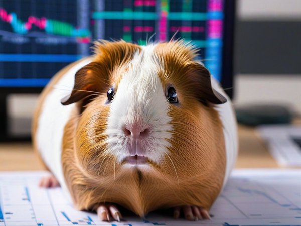 A forex trading system's guinea pig looking at the camera with a calm expression, and a forex trading chart in the background