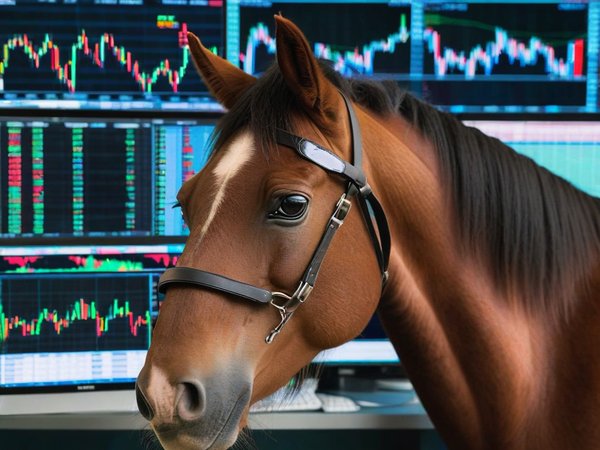 A forex trading system's horse looking at the camera with a shy expression, and a forex trading chart in the background