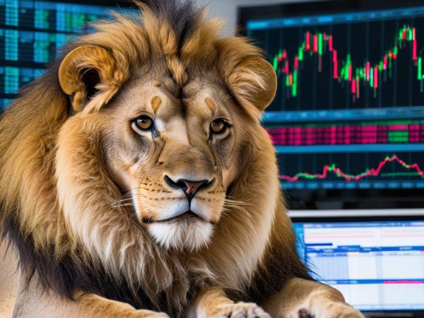 A forex trading system's lion looking at the camera with a bored expression, and a forex trading chart in the background