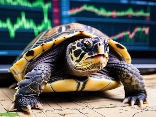 A forex trading system's turtle looking at the camera with a annoyed expression, and a forex trading chart in the background