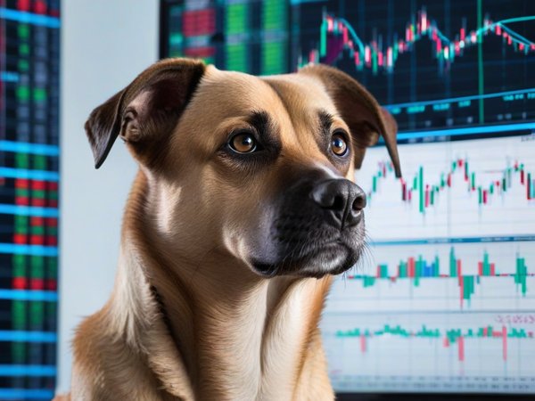 A forex trading system's dog looking at the camera with a thoughtful expression, and a forex trading chart in the background