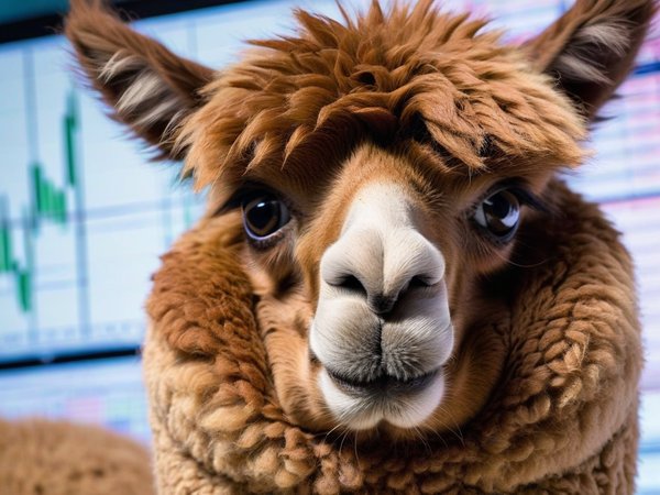 A forex trading system's alpaca looking at the camera with a frustrated expression, and a forex trading chart in the background