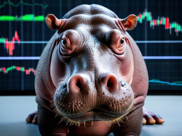 A forex trading system's hippo looking at the camera with a grumpy expression, and a forex trading chart in the background