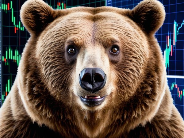 A forex trading system's bear looking at the camera with a embarrassed expression, and a forex trading chart in the background