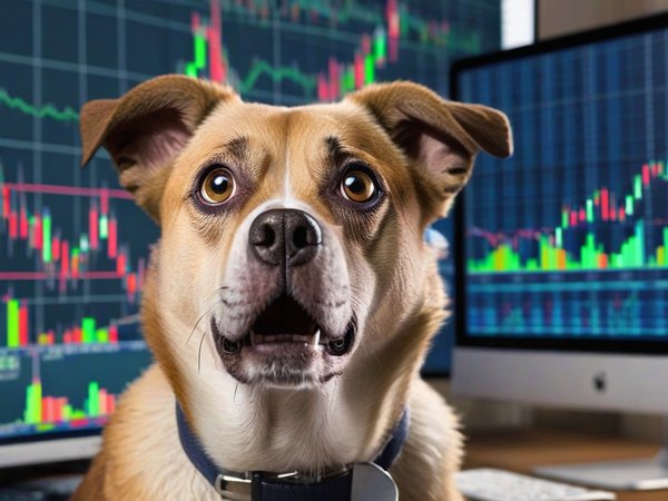 A forex trading system's dog looking at the camera with a shocked expression, and a forex trading chart in the background