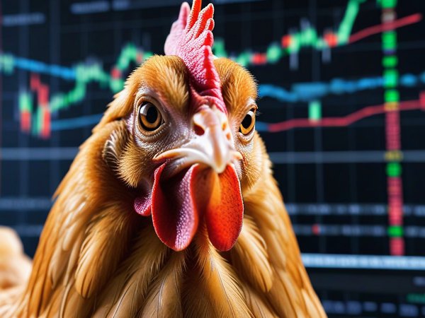 A forex trading system's chicken looking at the camera with a amazed expression, and a forex trading chart in the background