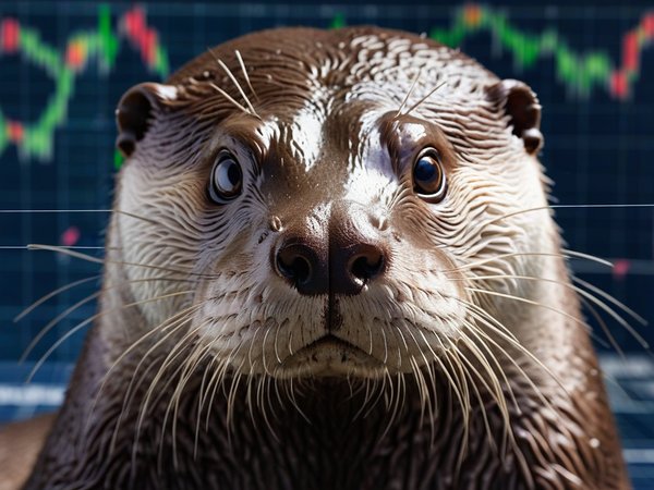 A forex trading system's otter looking at the camera with a suspicious expression, and a forex trading chart in the background