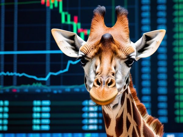 A forex trading system's giraffe looking at the camera with a embarrassed expression, and a forex trading chart in the background