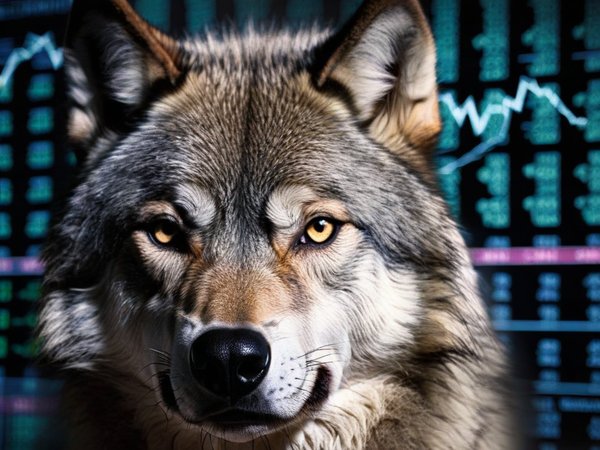A forex trading system's wolf looking at the camera with a frustrated expression, and a forex trading chart in the background