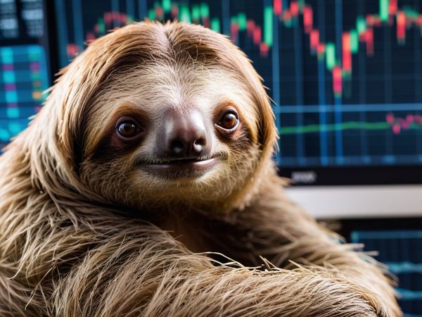 A forex trading system's sloth looking at the camera with a annoyed expression, and a forex trading chart in the background