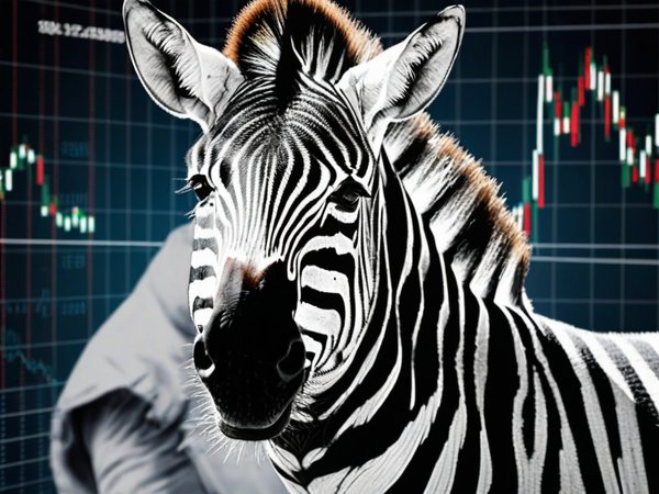 A forex trading system's zebra looking at the camera with a determined expression, and a forex trading chart in the background