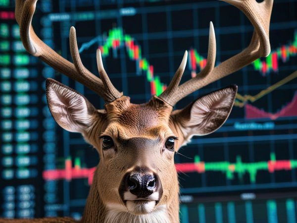A forex trading system's deer looking at the camera with a angry expression, and a forex trading chart in the background