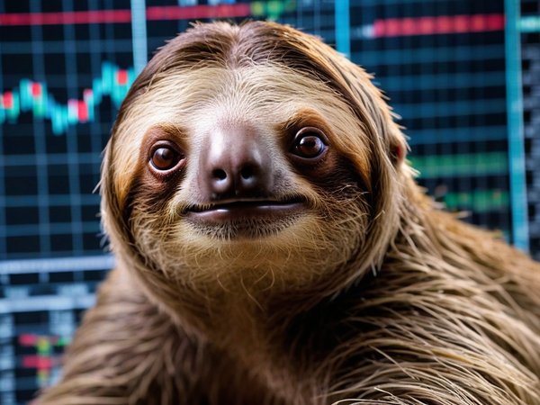 A forex trading system's sloth looking at the camera with a sad expression, and a forex trading chart in the background