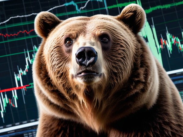 A forex trading system's bear looking at the camera with a worried expression, and a forex trading chart in the background