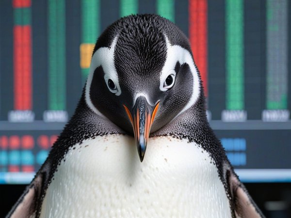 A forex trading system's penguin looking at the camera with a shy expression, and a forex trading chart in the background