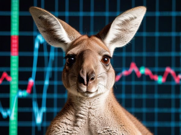 A forex trading system's kangaroo looking at the camera with a amazed expression, and a forex trading chart in the background