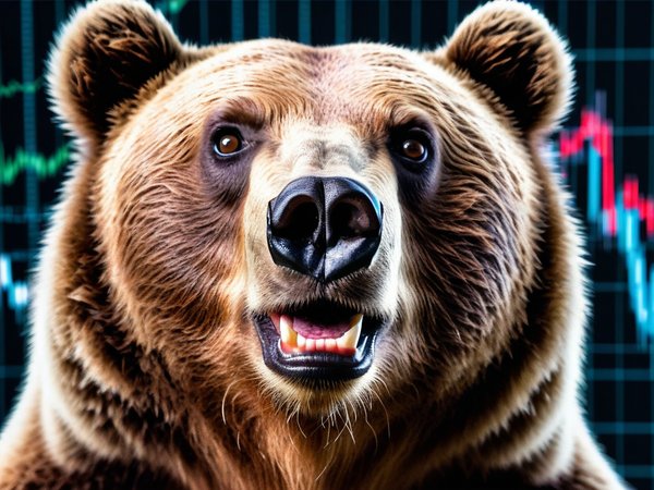 A forex trading system's bear looking at the camera with a playful expression, and a forex trading chart in the background