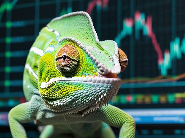 A forex trading system's chameleon looking at the camera with a confused expression, and a forex trading chart in the background