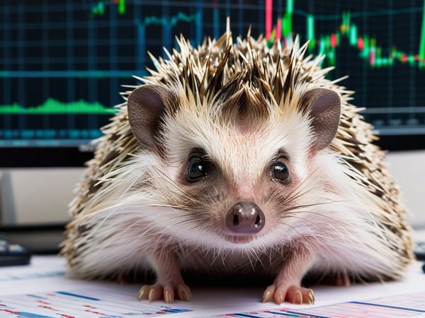 A forex trading system's hedgehog looking at the camera with a embarrassed expression, and a forex trading chart in the background