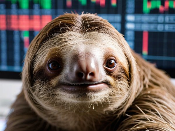 A forex trading system's sloth looking at the camera with a grumpy expression, and a forex trading chart in the background