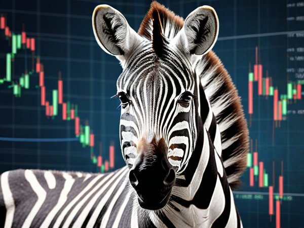 A forex trading system's zebra looking at the camera with a proud expression, and a forex trading chart in the background