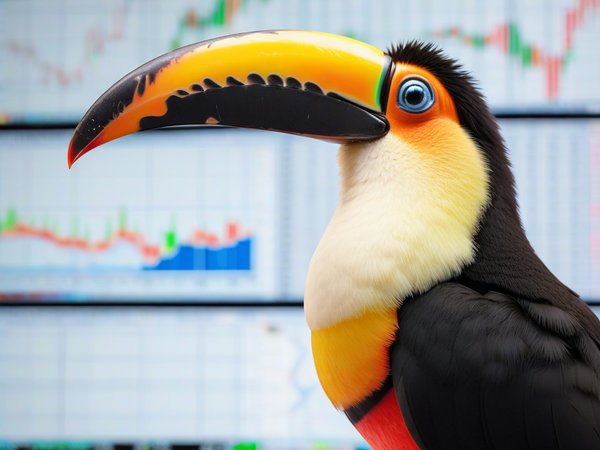 A forex trading system's toucan looking at the camera with a silly expression, and a forex trading chart in the background