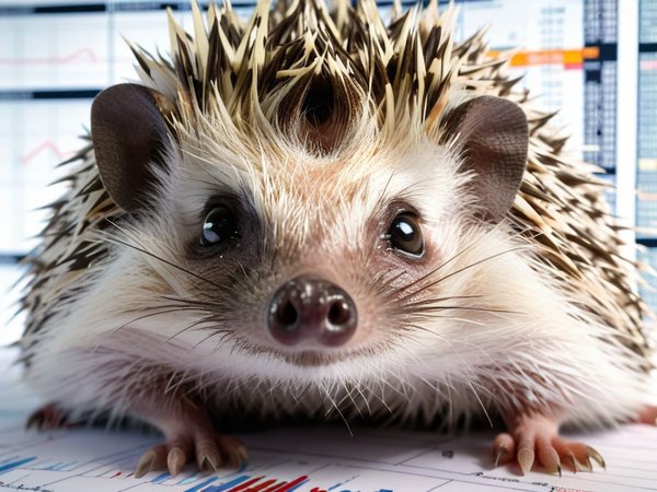 A forex trading system's hedgehog looking at the camera with a sneaky expression, and a forex trading chart in the background