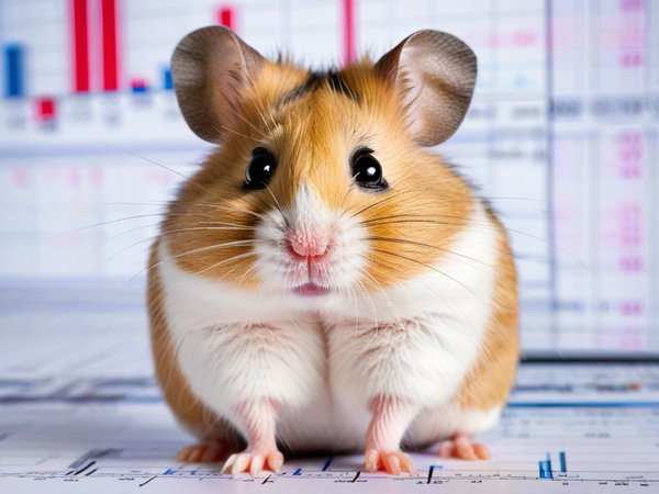 A forex trading system's hamster looking at the camera with a content expression, and a forex trading chart in the background