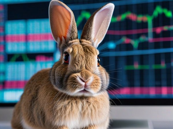 A forex trading system's rabbit looking at the camera with a playful expression, and a forex trading chart in the background
