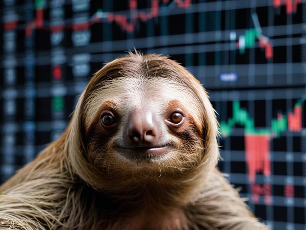 A forex trading system's sloth looking at the camera with a suspicious expression, and a forex trading chart in the background