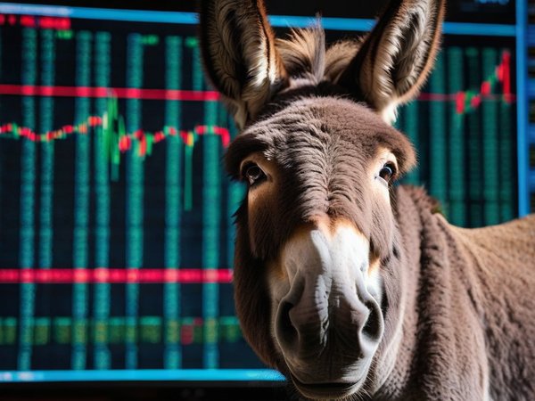 A forex trading system's donkey looking at the camera with a suspicious expression, and a forex trading chart in the background