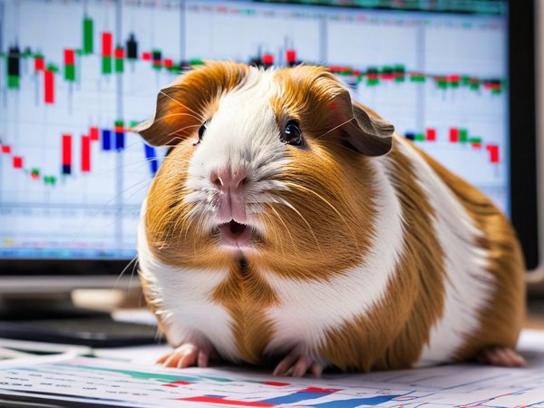 A forex trading system's guinea pig looking at the camera with a shocked expression, and a forex trading chart in the background