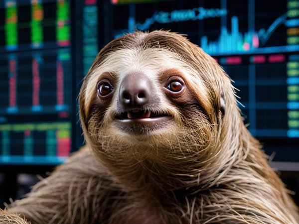A forex trading system's sloth looking at the camera with a surprised expression, and a forex trading chart in the background
