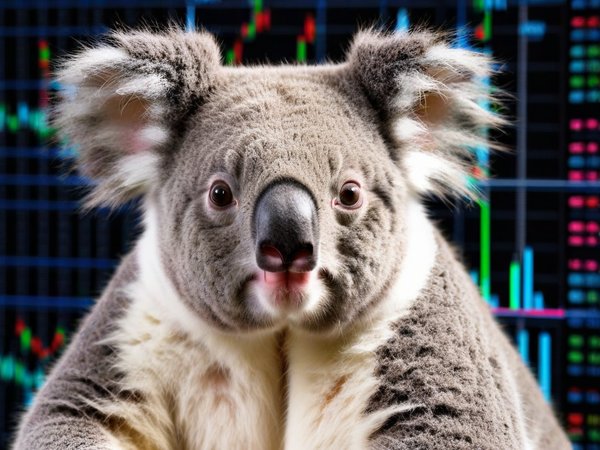 A forex trading system's koala looking at the camera with a thoughtful expression, and a forex trading chart in the background